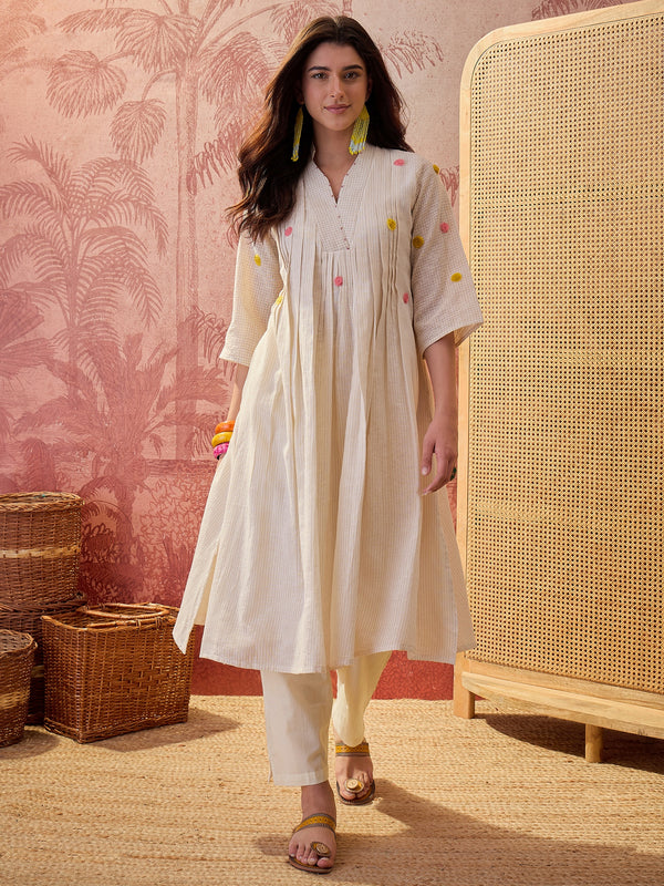 Stylum Women's Cream Solid & Embroidered Pleated Cotton A-Line Kurta Pant Set (KPCREAMKOLA)