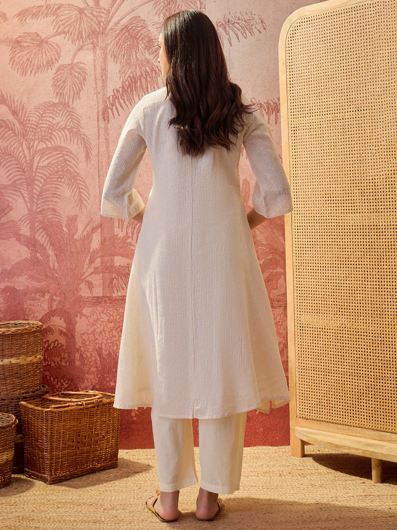 Stylum Women's Cream Solid & Embroidered Pleated Cotton A-Line Kurta Pant Set (KPCREAMKOLA)