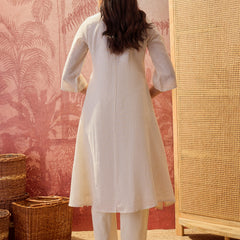 Stylum Women's Cream Solid & Embroidered Pleated Cotton A-Line Kurta Pant Set (KPCREAMKOLA)