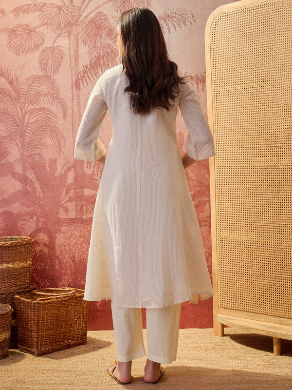 Stylum Women's Cream Solid & Embroidered Pleated Cotton A-Line Kurta Pant Set (KPCREAMKOLA)