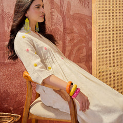 Stylum Women's Cream Solid & Embroidered Pleated Cotton A-Line Kurta Pant Set (KPCREAMKOLA)