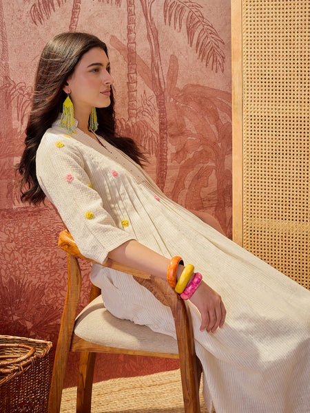 Stylum Women's Cream Solid & Embroidered Pleated Cotton A-Line Kurta Pant Set (KPCREAMKOLA)