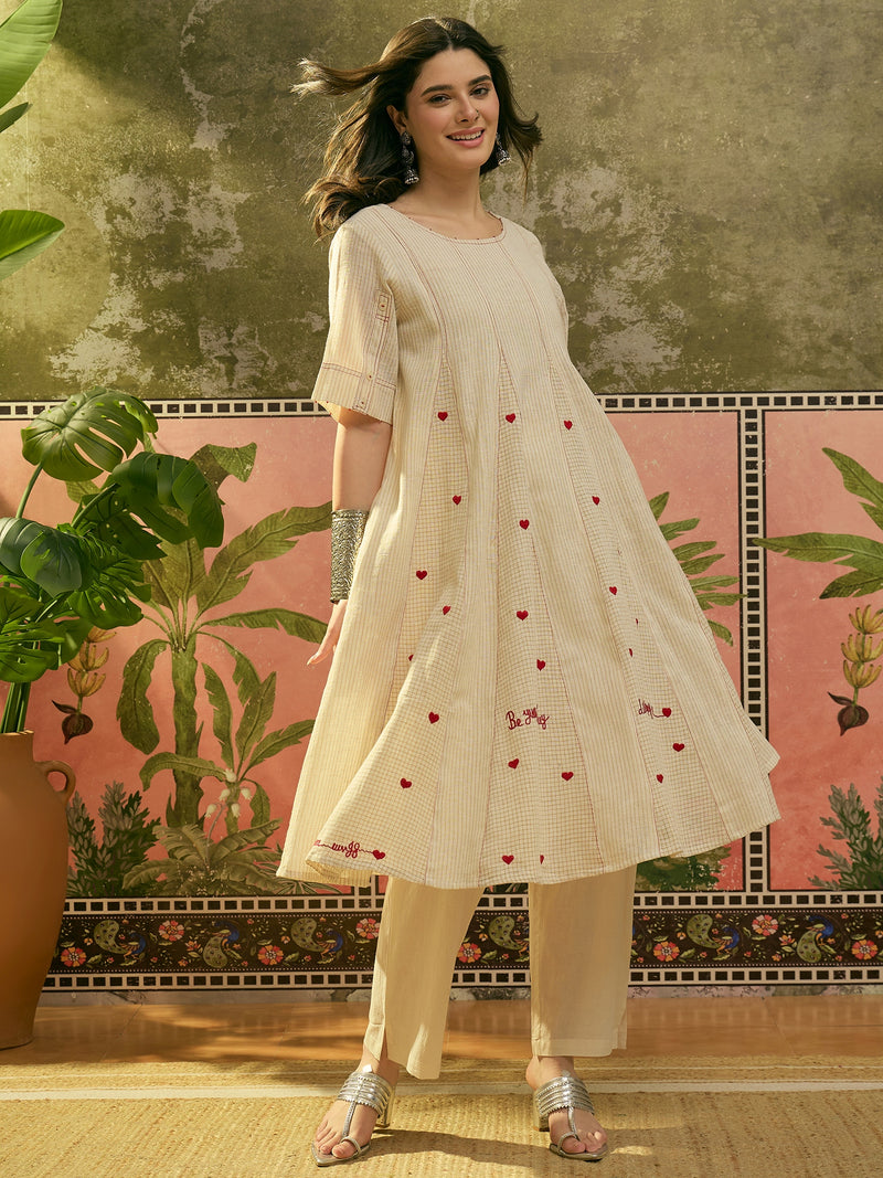 Stylum Women's Cream Self Design & Embroidered Cotton A-Line Kurta Pant Set (KPCREAMPOLMI)