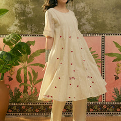 Stylum Women's Cream Self Design & Embroidered Cotton A-Line Kurta Pant Set (KPCREAMPOLMI)