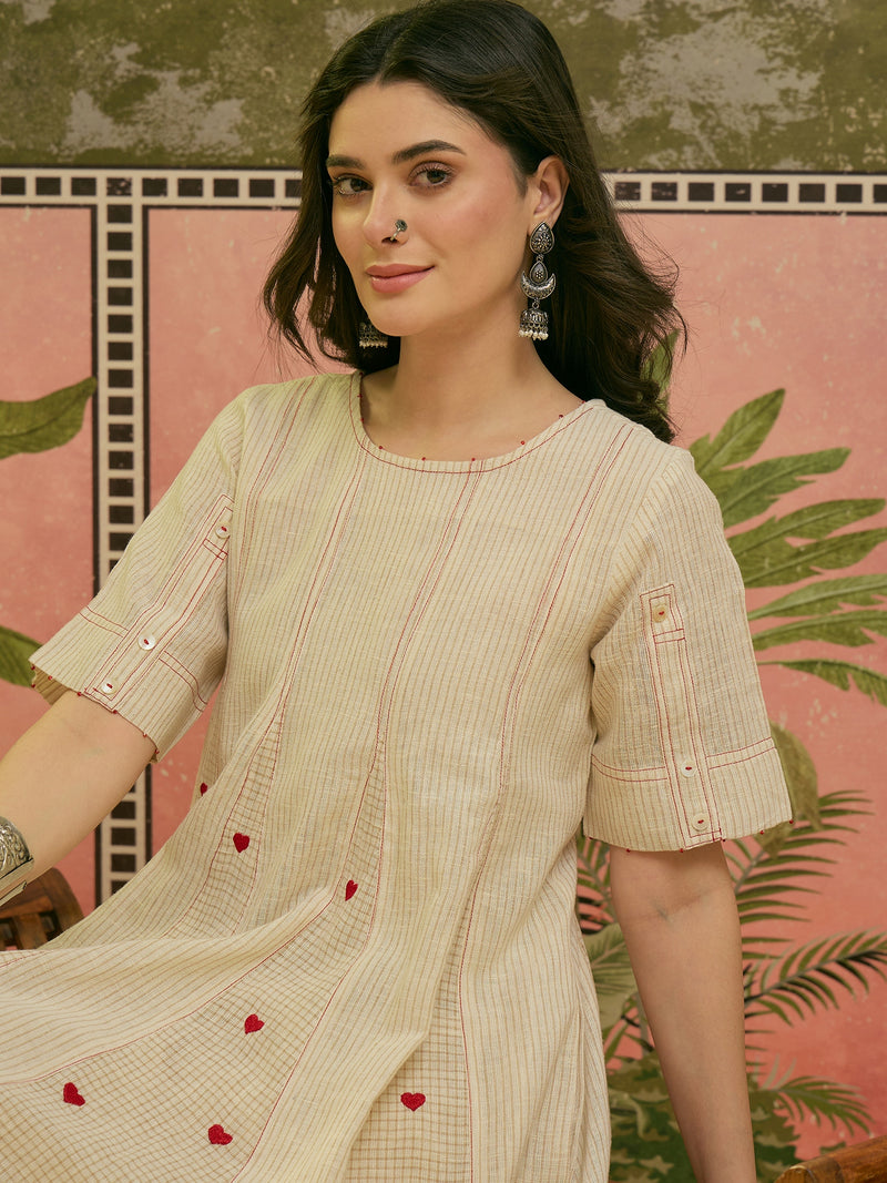 Stylum Women's Cream Self Design & Embroidered Cotton A-Line Kurta Pant Set (KPCREAMPOLMI)