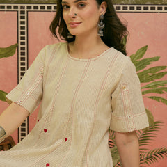 Stylum Women's Cream Self Design & Embroidered Cotton A-Line Kurta Pant Set (KPCREAMPOLMI)