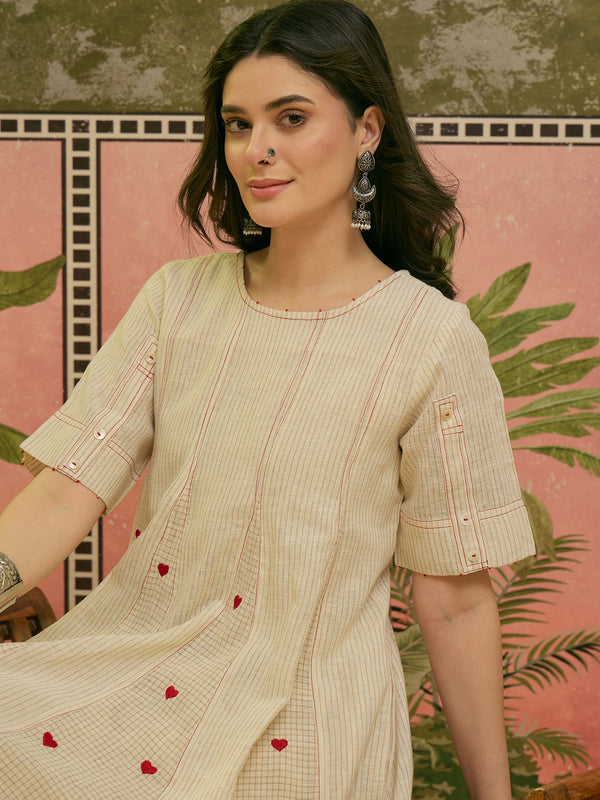 Stylum Women's Cream Self Design & Embroidered Cotton A-Line Kurta Pant Set (KPCREAMPOLMI)