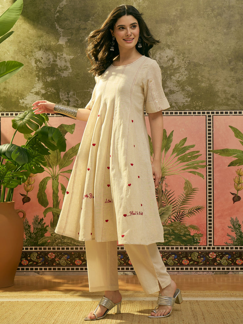 Stylum Women's Cream Self Design & Embroidered Cotton A-Line Kurta Pant Set (KPCREAMPOLMI)