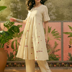 Stylum Women's Cream Self Design & Embroidered Cotton A-Line Kurta Pant Set (KPCREAMPOLMI)