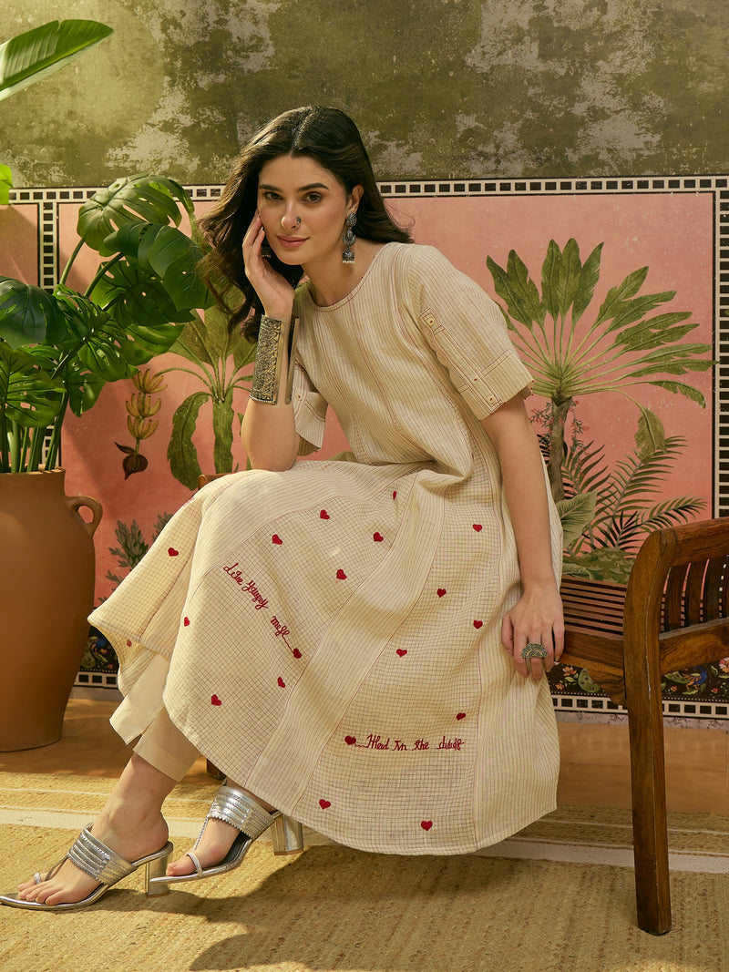 Stylum Women's Cream Self Design & Embroidered Cotton A-Line Kurta Pant Set (KPCREAMPOLMI)