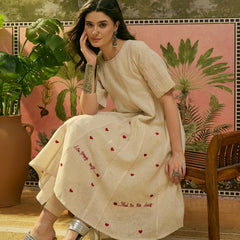Stylum Women's Cream Self Design & Embroidered Cotton A-Line Kurta Pant Set (KPCREAMPOLMI)
