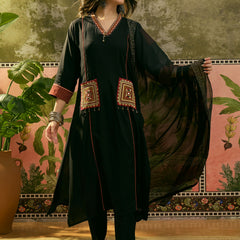 Stylum Women's Black Solid Rayon A-Line Kurta Pant Dupatta Set (KPDBLACKTULIP)