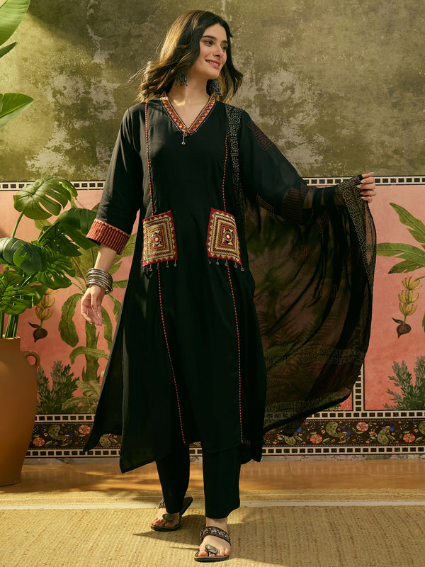 Stylum Women's Black Solid Rayon A-Line Kurta Pant Dupatta Set (KPDBLACKTULIP)