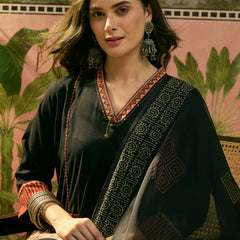 Stylum Women's Black Solid Rayon A-Line Kurta Pant Dupatta Set (KPDBLACKTULIP)