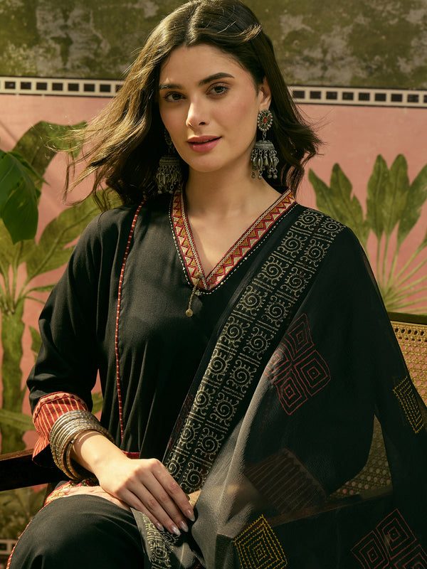 Stylum Women's Black Solid Rayon A-Line Kurta Pant Dupatta Set (KPDBLACKTULIP)