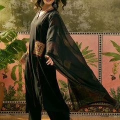 Stylum Women's Black Solid Rayon A-Line Kurta Pant Dupatta Set (KPDBLACKTULIP)