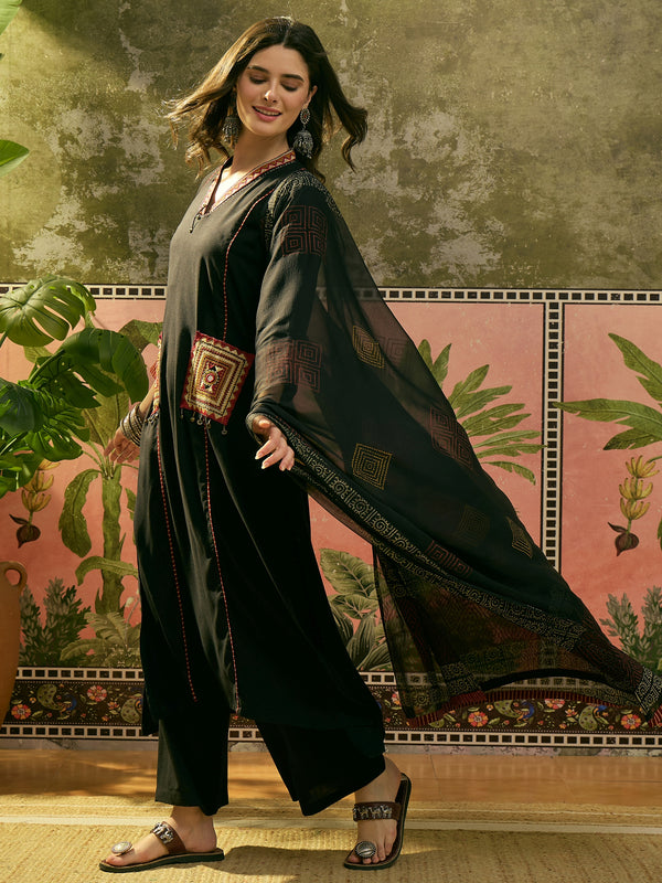 Stylum Women's Black Solid Rayon A-Line Kurta Pant Dupatta Set (KPDBLACKTULIP)