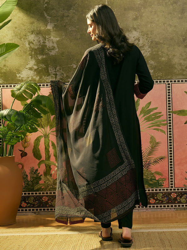 Stylum Women's Black Solid Rayon A-Line Kurta Pant Dupatta Set (KPDBLACKTULIP)