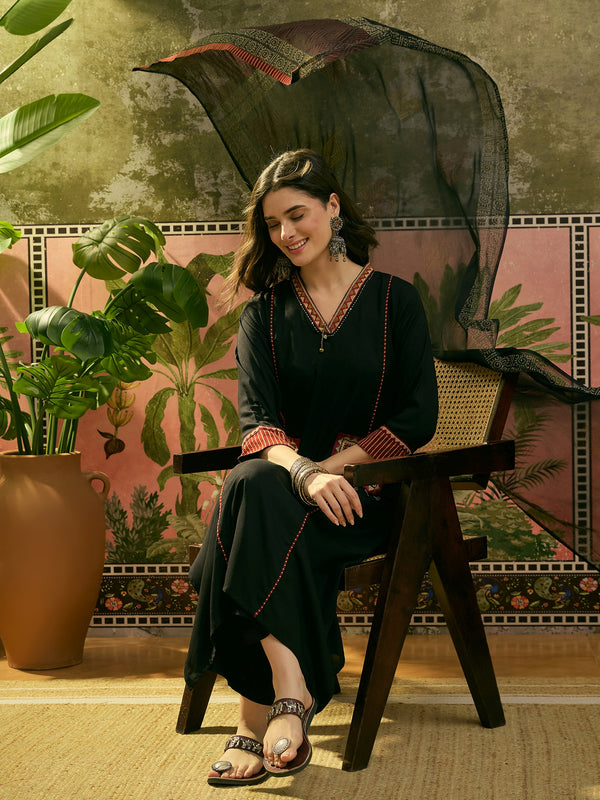 Stylum Women's Black Solid Rayon A-Line Kurta Pant Dupatta Set (KPDBLACKTULIP)