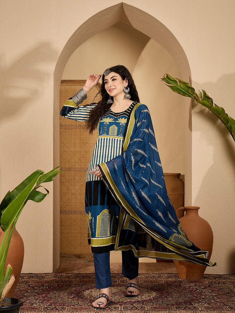 Stylum Women's Blue Striped Printed Cotton Straight Kurta Pant Dupatta Set (KPDBLUESAGO)