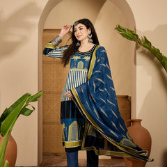 Stylum Women's Blue Striped Printed Cotton Straight Kurta Pant Dupatta Set (KPDBLUESAGO)