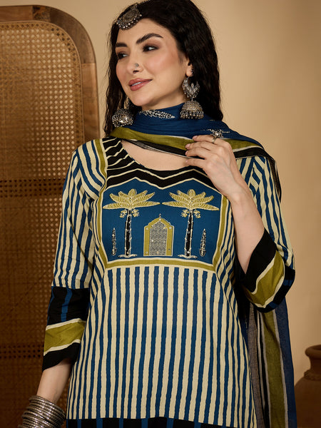 Stylum Women's Blue Striped Printed Cotton Straight Kurta Pant Dupatta Set (KPDBLUESAGO)