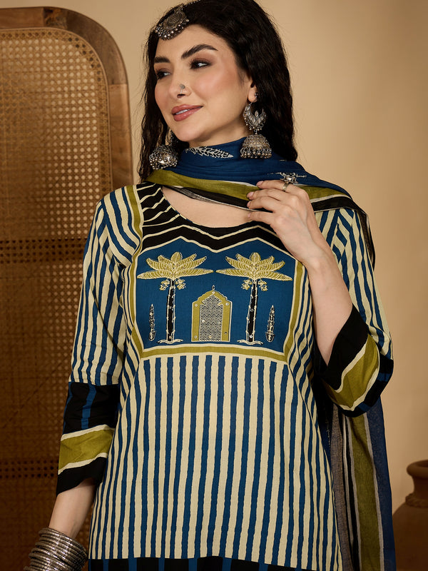 Stylum Women's Blue Striped Printed Cotton Straight Kurta Pant Dupatta Set (KPDBLUESAGO)