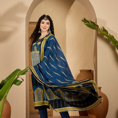 Stylum Women's Blue Striped Printed Cotton Straight Kurta Pant Dupatta Set (KPDBLUESAGO)