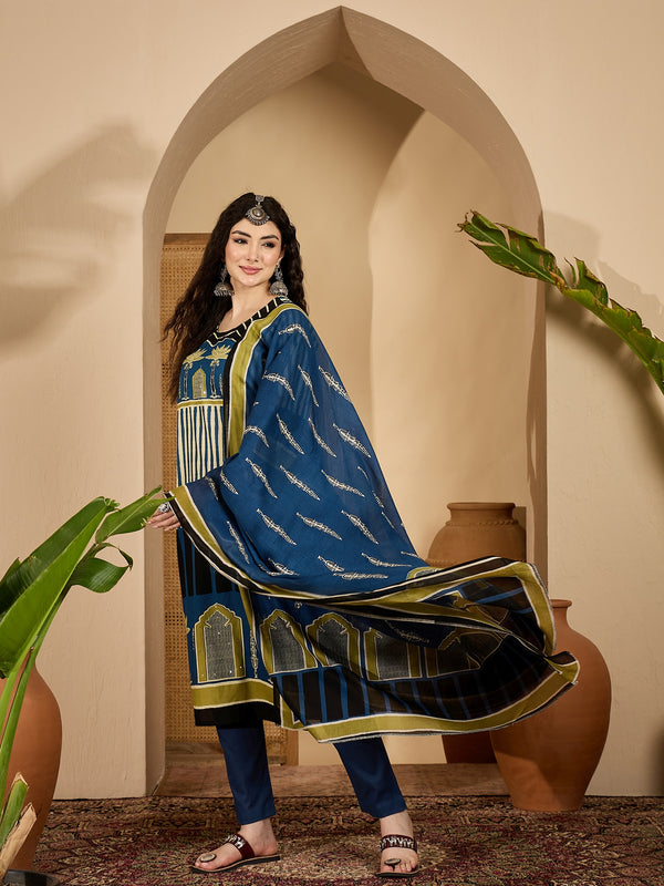 Stylum Women's Blue Striped Printed Cotton Straight Kurta Pant Dupatta Set (KPDBLUESAGO)