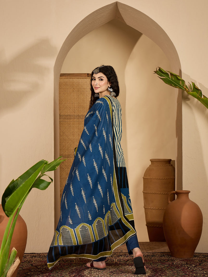 Stylum Women's Blue Striped Printed Cotton Straight Kurta Pant Dupatta Set (KPDBLUESAGO)