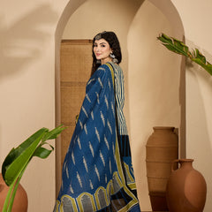 Stylum Women's Blue Striped Printed Cotton Straight Kurta Pant Dupatta Set (KPDBLUESAGO)