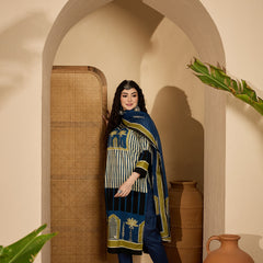 Stylum Women's Blue Striped Printed Cotton Straight Kurta Pant Dupatta Set (KPDBLUESAGO)