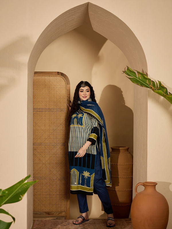 Stylum Women's Blue Striped Printed Cotton Straight Kurta Pant Dupatta Set (KPDBLUESAGO)
