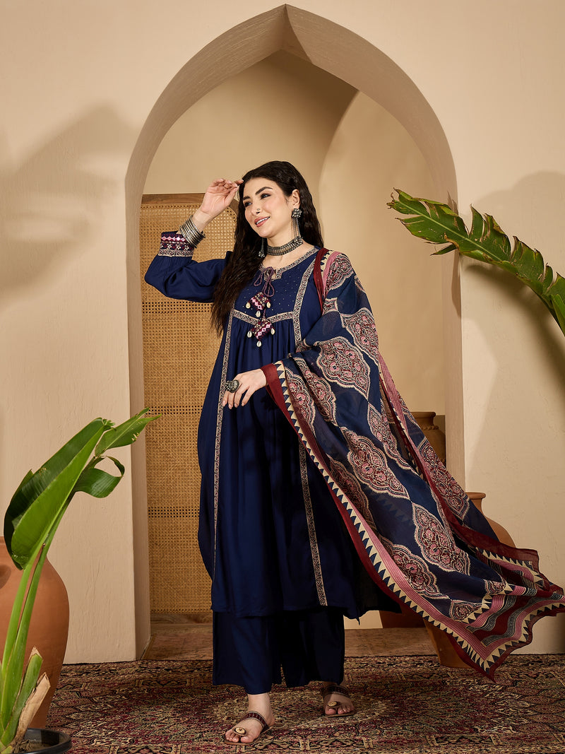 Stylum Women's Blue Solid Rayon A-Line Kurta Pant Dupatta Set (KPDBLUESIFAR)