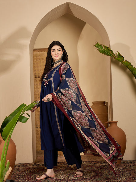 Stylum Women's Blue Solid Rayon A-Line Kurta Pant Dupatta Set (KPDBLUESIFAR)