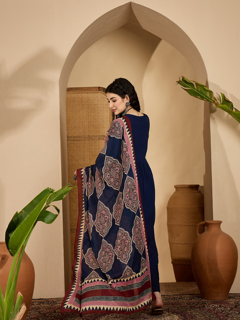 Stylum Women's Blue Solid Rayon A-Line Kurta Pant Dupatta Set (KPDBLUESIFAR)