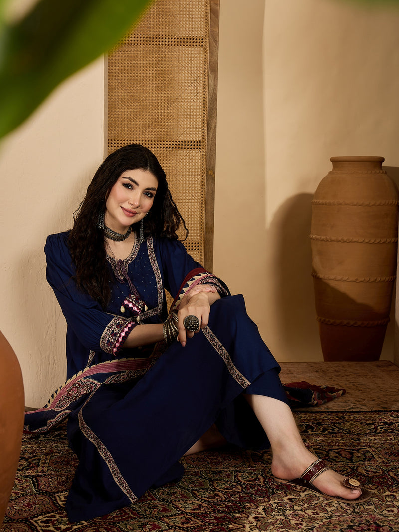 Stylum Women's Blue Solid Rayon A-Line Kurta Pant Dupatta Set (KPDBLUESIFAR)