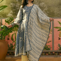 Stylum Women's Blue Ethnic Printed Cotton Flex A-Line Kurta Pant Dupatta Set (KPDBLUETITANIC)