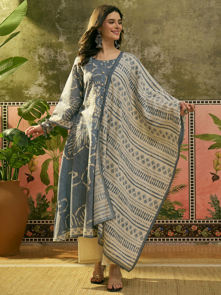 Stylum Women's Blue Ethnic Printed Cotton Flex A-Line Kurta Pant Dupatta Set (KPDBLUETITANIC)