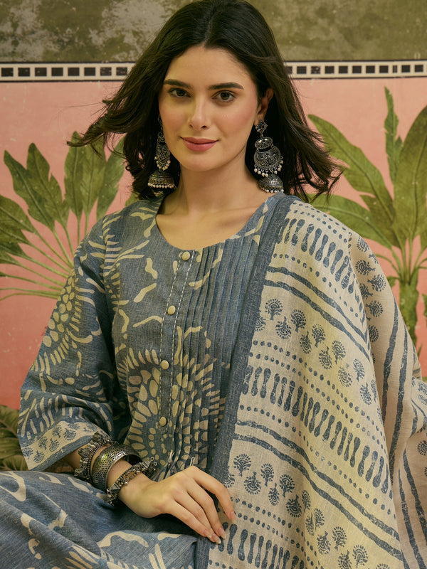 Stylum Women's Blue Ethnic Printed Cotton Flex A-Line Kurta Pant Dupatta Set (KPDBLUETITANIC)