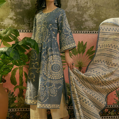 Stylum Women's Blue Ethnic Printed Cotton Flex A-Line Kurta Pant Dupatta Set (KPDBLUETITANIC)