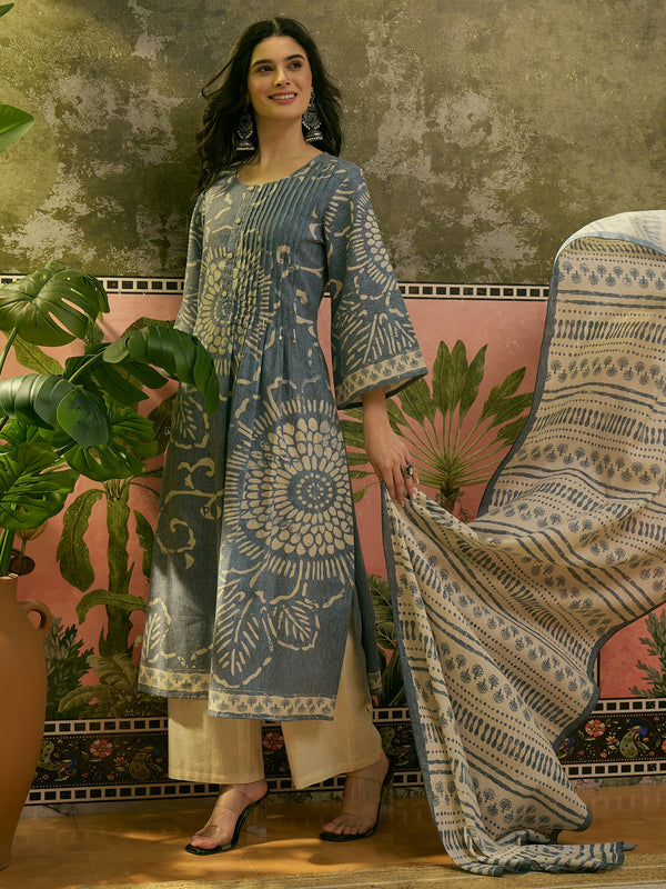 Stylum Women's Blue Ethnic Printed Cotton Flex A-Line Kurta Pant Dupatta Set (KPDBLUETITANIC)