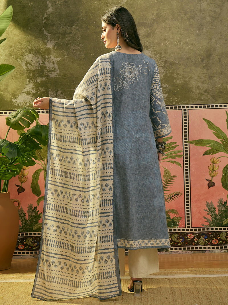 Stylum Women's Blue Ethnic Printed Cotton Flex A-Line Kurta Pant Dupatta Set (KPDBLUETITANIC)