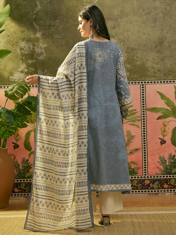 Stylum Women's Blue Ethnic Printed Cotton Flex A-Line Kurta Pant Dupatta Set (KPDBLUETITANIC)