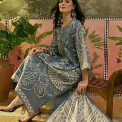 Stylum Women's Blue Ethnic Printed Cotton Flex A-Line Kurta Pant Dupatta Set (KPDBLUETITANIC)