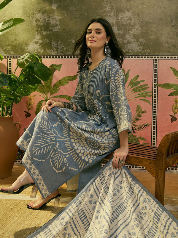 Stylum Women's Blue Ethnic Printed Cotton Flex A-Line Kurta Pant Dupatta Set (KPDBLUETITANIC)