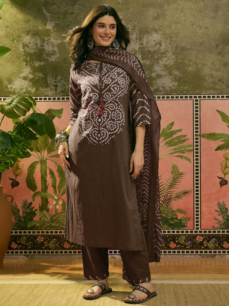 Stylum Women's Brown Bandhej Printed Cotton Straight Kurta Pant Dupatta Set (KPDBROWNBAZZI)
