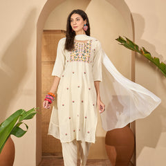 Stylum Women's Cream Solid & Embroidered Rayon Straight Kurta Pant Dupatta Set (KPDCREAMGONNY)