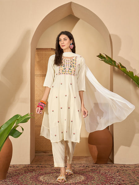 Stylum Women's Cream Solid & Embroidered Rayon Straight Kurta Pant Dupatta Set (KPDCREAMGONNY)