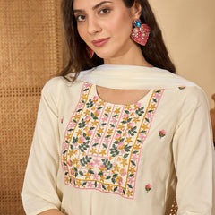 Stylum Women's Cream Solid & Embroidered Rayon Straight Kurta Pant Dupatta Set (KPDCREAMGONNY)